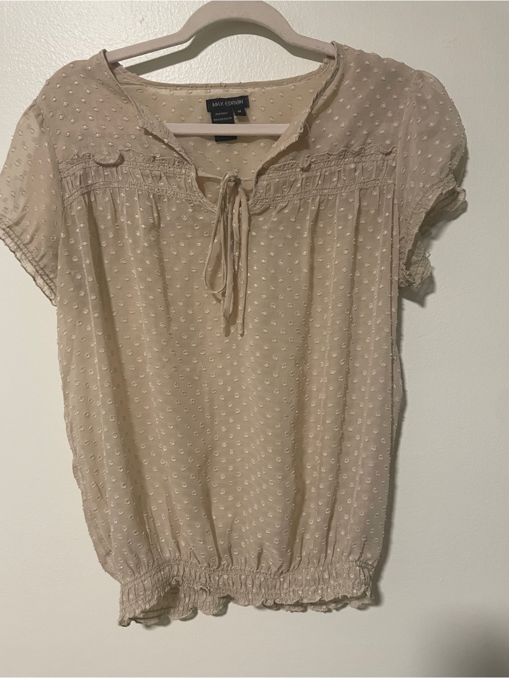 Max Edition Women's Cream Dot-Texture Tie-Neck Blouse Sheer Peasant Top Medium
